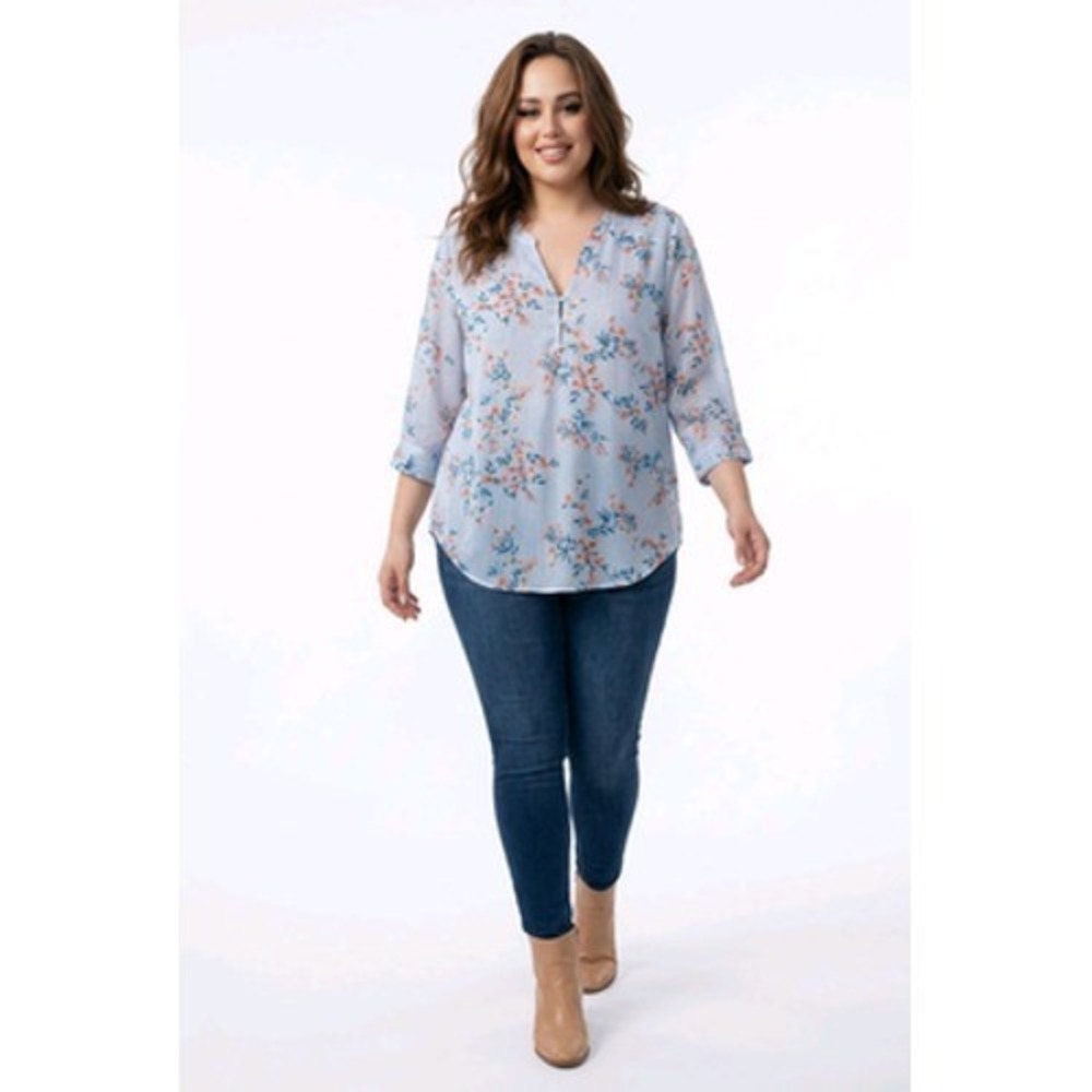 Torrid Harper Tunic Top Women 2 Blue Floral Metallic Chiffon Work Coastal Preppy